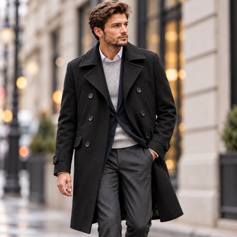 H&M Pea Coat Double Breasted Twill Overcoat Lined Mens Size 36R Black
